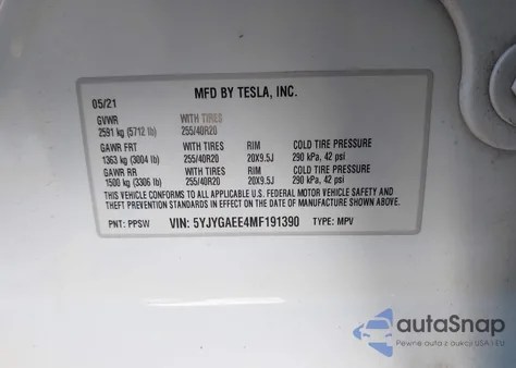 2021 Tesla Model Y Long Range Dual Motor All-Wheel Drive from USA, damaged, VIN 5YJYGAEE4MF191390